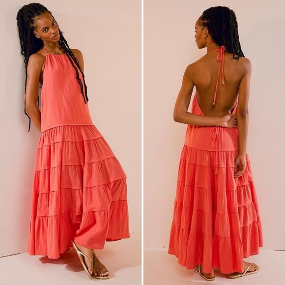 New Free People Somewhere Sunny Drop Waist Maxi Halter Dress M